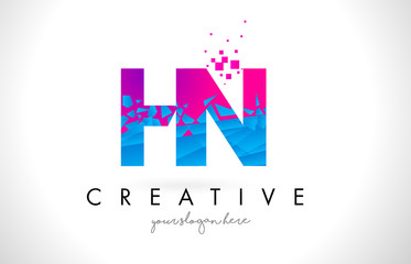 HN H N Letter Logo with Shattered Broken Blue Pink Texture Design Vector.