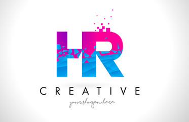 HR H R Letter Logo with Shattered Broken Blue Pink Texture Design Vector.