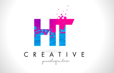 HT H T Letter Logo with Shattered Broken Blue Pink Texture Design Vector.