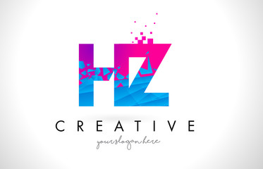 HZ H Z Letter Logo with Shattered Broken Blue Pink Texture Design Vector.