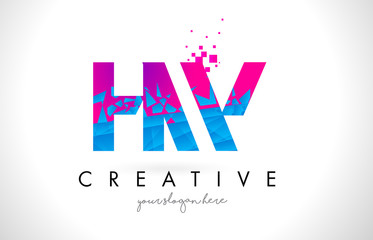 HW H W Letter Logo with Shattered Broken Blue Pink Texture Design Vector.