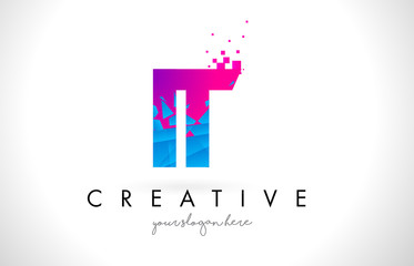 IT I T Letter Logo with Shattered Broken Blue Pink Texture Design Vector.