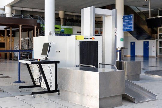 Airport security check point with metal detector