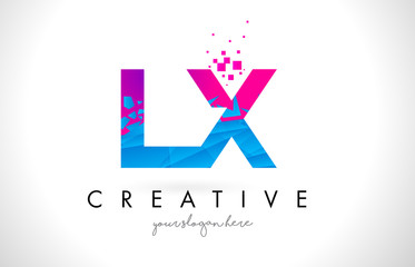 LX L X Letter Logo with Shattered Broken Blue Pink Texture Design Vector.