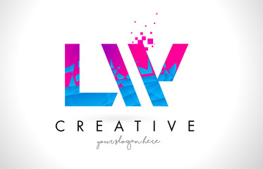 LW L W Letter Logo with Shattered Broken Blue Pink Texture Design Vector.
