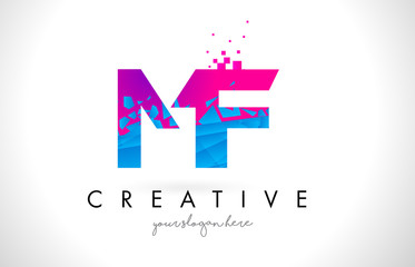 MF M F Letter Logo with Shattered Broken Blue Pink Texture Design Vector.