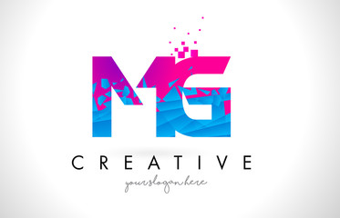 MG M G Letter Logo with Shattered Broken Blue Pink Texture Design Vector.