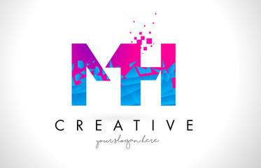 MH M H Letter Logo with Shattered Broken Blue Pink Texture Design Vector.