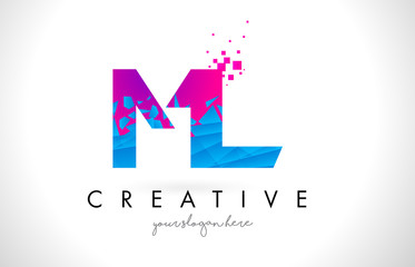 ML M L Letter Logo with Shattered Broken Blue Pink Texture Design Vector.