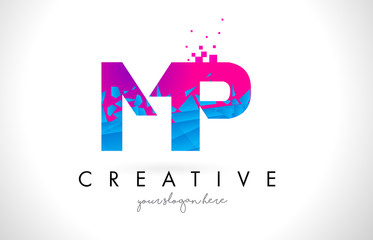 MP M P Letter Logo with Shattered Broken Blue Pink Texture Design Vector.