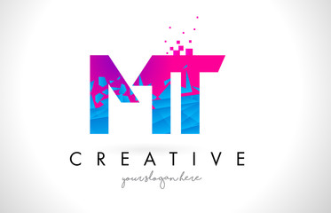 MT M T Letter Logo with Shattered Broken Blue Pink Texture Design Vector.