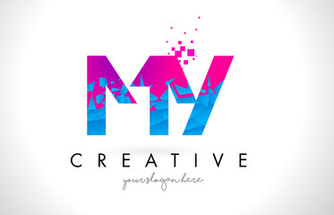MY M Y Letter Logo with Shattered Broken Blue Pink Texture Design Vector.