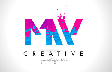 MW M W Letter Logo with Shattered Broken Blue Pink Texture Design Vector.