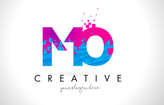 MO M O Letter Logo with Shattered Broken Blue Pink Texture Design Vector.