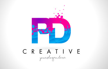 PD P D Letter Logo with Shattered Broken Blue Pink Texture Design Vector.