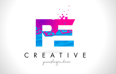 PE P E Letter Logo with Shattered Broken Blue Pink Texture Design Vector.