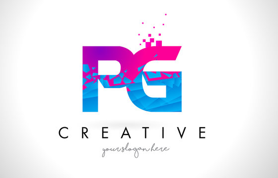 PG P G Letter Logo with Shattered Broken Blue Pink Texture Design Vector.