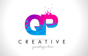QP Q P Letter Logo with Shattered Broken Blue Pink Texture Design Vector.