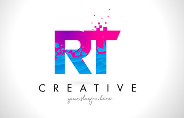 RT R T Letter Logo with Shattered Broken Blue Pink Texture Design Vector.