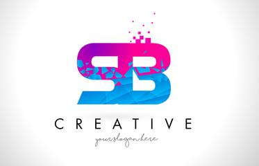 SB S B Letter Logo with Shattered Broken Blue Pink Texture Design Vector.