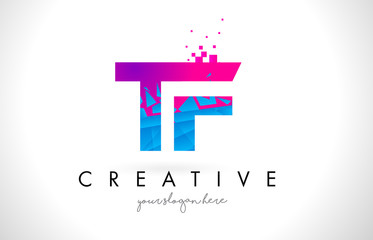 TF T F Letter Logo with Shattered Broken Blue Pink Texture Design Vector.