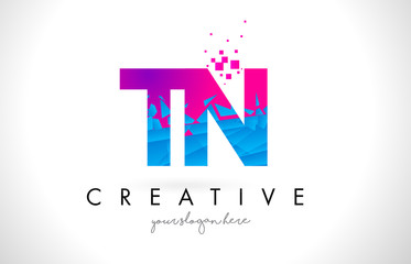 TN T N Letter Logo with Shattered Broken Blue Pink Texture Design Vector.