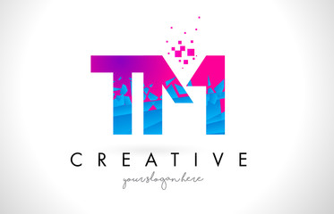 TM T M Letter Logo with Shattered Broken Blue Pink Texture Design Vector.
