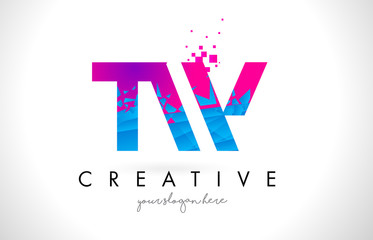 TW T W Letter Logo with Shattered Broken Blue Pink Texture Design Vector.