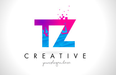 TZ T Z Letter Logo with Shattered Broken Blue Pink Texture Design Vector.