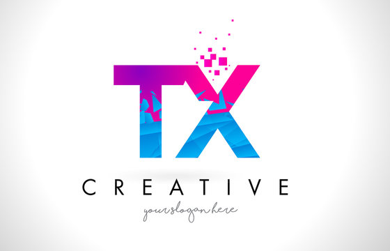 TX T X Letter Logo with Shattered Broken Blue Pink Texture Design Vector.