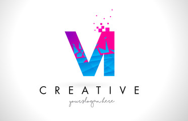 VI V I Letter Logo with Shattered Broken Blue Pink Texture Design Vector.