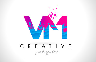 VM V M Letter Logo with Shattered Broken Blue Pink Texture Design Vector.