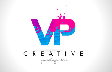 VP V P Letter Logo with Shattered Broken Blue Pink Texture Design Vector.