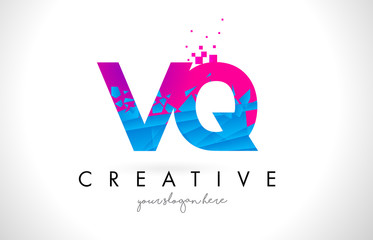 VQ V Q Letter Logo with Shattered Broken Blue Pink Texture Design Vector.