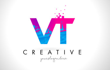VT V T Letter Logo with Shattered Broken Blue Pink Texture Design Vector.
