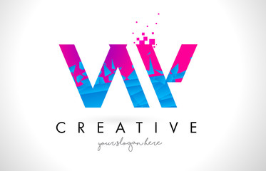 V W Letter Logo with Shattered Broken Blue Pink Texture Design Vector.
