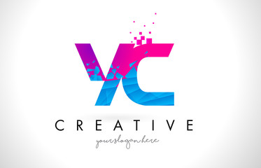 YC Y C Letter Logo with Shattered Broken Blue Pink Texture Design Vector.