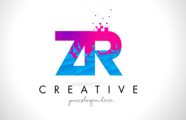 ZR Z R Letter Logo with Shattered Broken Blue Pink Texture Design Vector.
