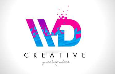WD W D Letter Logo with Shattered Broken Blue Pink Texture Design Vector.