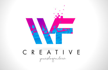 WF W F Letter Logo with Shattered Broken Blue Pink Texture Design Vector.