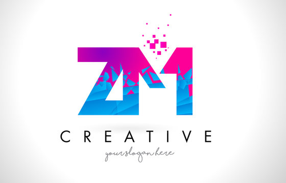 ZM Z M Letter Logo with Shattered Broken Blue Pink Texture Design Vector.