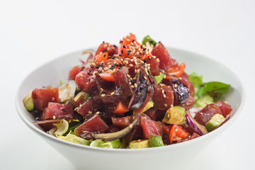 Mix sashimi salad with salmon, tomato, avocado and tuna. Japanese food