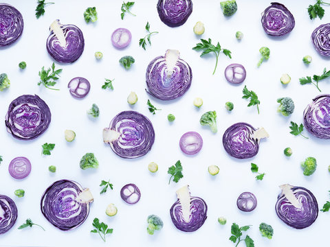 Fresh vegetables in a cut on a white background. Pattern from vegetables. Food background. Cut red cabbage. 