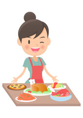 主婦　テーブルに料理を並べる