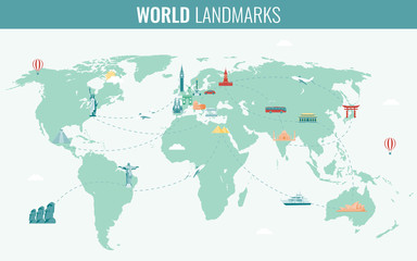 Travel and Tourism. Infographic set with world map and landmarks. Vector