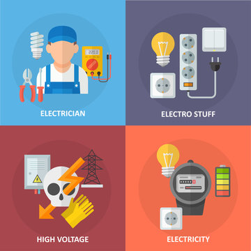 Icons of electricity and electrical equipment in a flat style