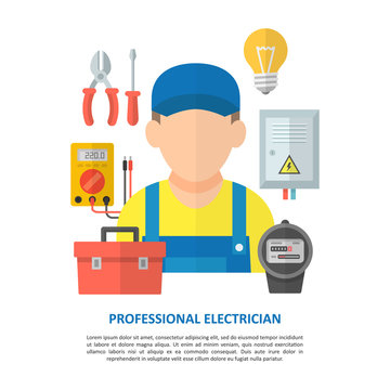 Electrician with household electrical equipment and tools.