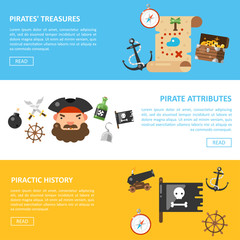 Pirate treasures and sea adventures vector banners in a flat sty