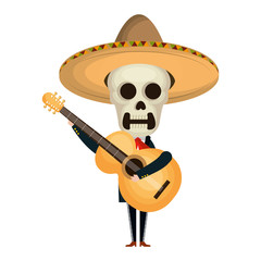 Mexican mariachi skull character with guitar vector illustration design