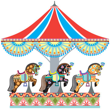 cartoon circus roundabout carousel with decorated horses. Vector illustration isolated on white